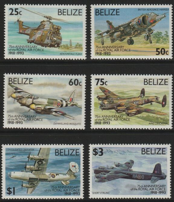 Belize 1993 75th Anniversary of Royal Air Force perf set of 6 unmounted mint SG 1138-43, stamps on aviation, stamps on helicopters, stamps on lancaster