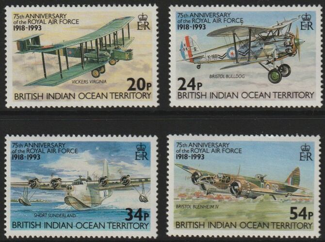 British Indian Ocean Territory 1993 75th Anniversary of Royal Air Force perf set of 4 unmounted mint SG 136-39, stamps on aviation, stamps on bristol, stamps on flying boats