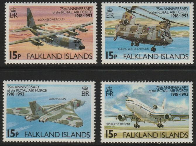 Falkland Islands 1993 75th Anniversary of Royal Air Force perf set of 4 unmounted mint SG 676-79, stamps on , stamps on  stamps on aviation, stamps on  stamps on vulcan, stamps on  stamps on hercules