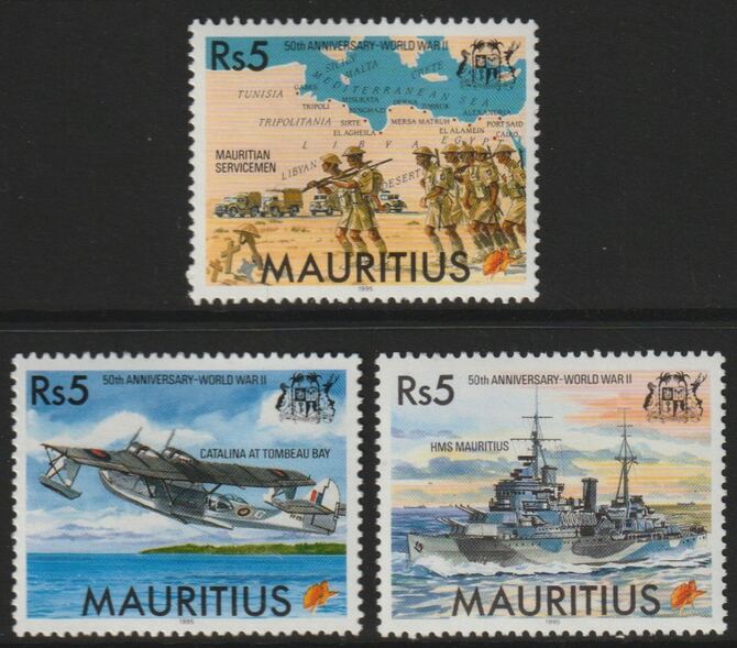 Mauritius 1995 50th Anniversary of End of World War II perf set of 3 unmounted mint SG 920-22, stamps on ships, stamps on  ww2 , stamps on smilitaria, stamps on flying boats