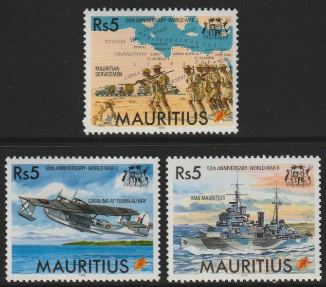 Mauritius 1995 50th Anniversary of End of World War II perf set of 3 unmounted mint SG 920-22, stamps on ships, stamps on  ww2 , stamps on smilitaria, stamps on flying boats