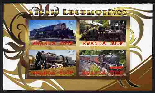 Rwanda 2010 Steam Locomotives #2 imperf sheetlet containing 4 values unmounted mint, stamps on , stamps on  stamps on railways