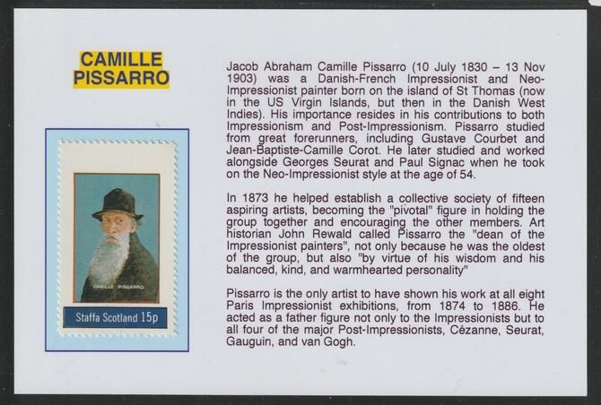 Staffa 1982 Artists- Pissaro 15p mounted on glossy card with historical notes - privately produced 150mm x 100mm, stamps on , stamps on  stamps on personalities, stamps on  stamps on arts, stamps on  stamps on pissarro
