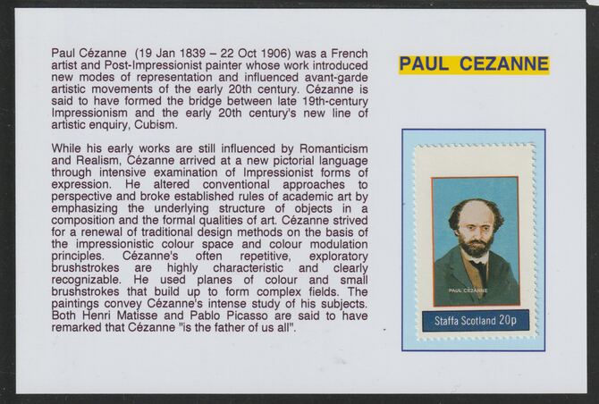 Staffa 1982 Artists- Cezanne 20p mounted on glossy card with historical notes - privately produced 150mm x 100mm, stamps on personalities, stamps on arts, stamps on cezanne