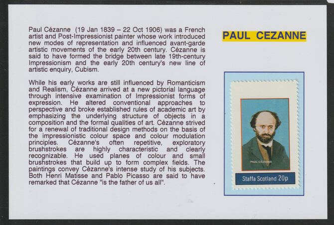 Staffa 1982 Artists- Cezanne 20p mounted on glossy card with historical notes - privately produced 150mm x 100mm, stamps on , stamps on  stamps on personalities, stamps on  stamps on arts, stamps on  stamps on cezanne