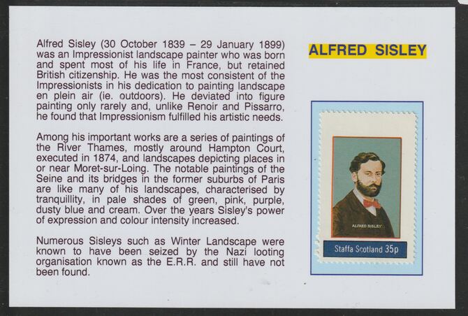 Staffa 1982 Artists- Sisley 35p mounted on glossy card with historical notes - privately produced 150mm x 100mm, stamps on , stamps on  stamps on personalities, stamps on  stamps on arts, stamps on  stamps on sisley