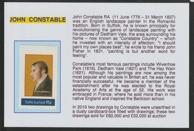 Staffa 1982 Artists- Constable 45p mounted on glossy card with historical notes - privately produced 150mm x 100mm, stamps on personalities, stamps on arts, stamps on constable