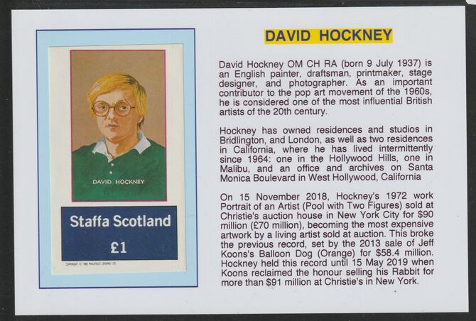 Staffa 1982 Artists- David Hockney Â£1 mounted on glossy card with historical notes - privately produced 150mm x 100mm, stamps on , stamps on  stamps on personalities, stamps on  stamps on arts, stamps on  stamps on hockney