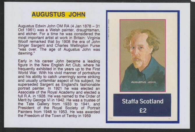 Staffa 1982 Artists- Augustus John Â£2 mounted on glossy card with historical notes - privately produced 150mm x 100mm, stamps on , stamps on  stamps on personalities, stamps on  stamps on arts, stamps on  stamps on john