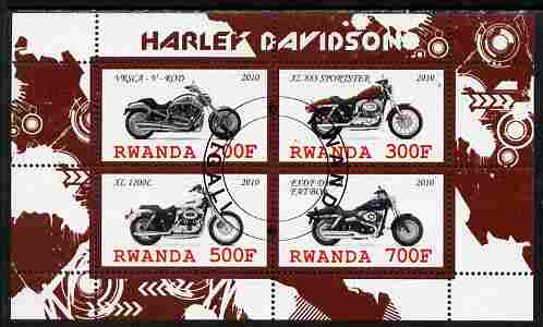 Rwanda 2010 Harley Davidson Motorcycles perf sheetlet containing 4 values fine cto used, stamps on motorbikes