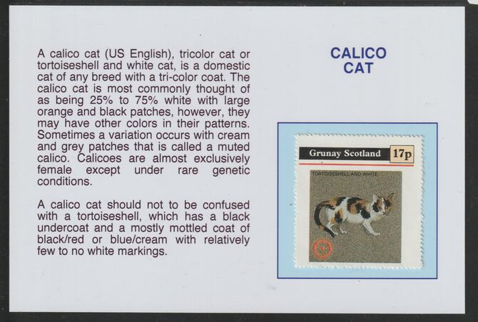 Grunay 1984 Rotary - Domestic Cats - Calico 17p  mounted on glossy card with descriptive notes - privately produced 150mm x 100mm, stamps on rotary, stamps on cats