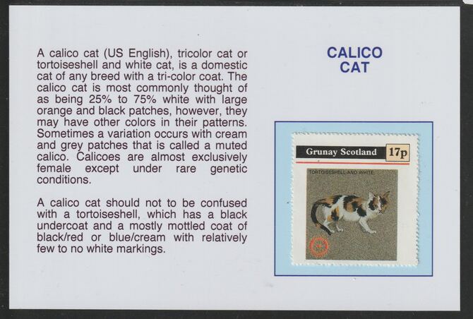 Grunay 1984 Rotary - Domestic Cats - Calico 17p  mounted on glossy card with descriptive notes - privately produced 150mm x 100mm, stamps on , stamps on  stamps on rotary, stamps on  stamps on cats