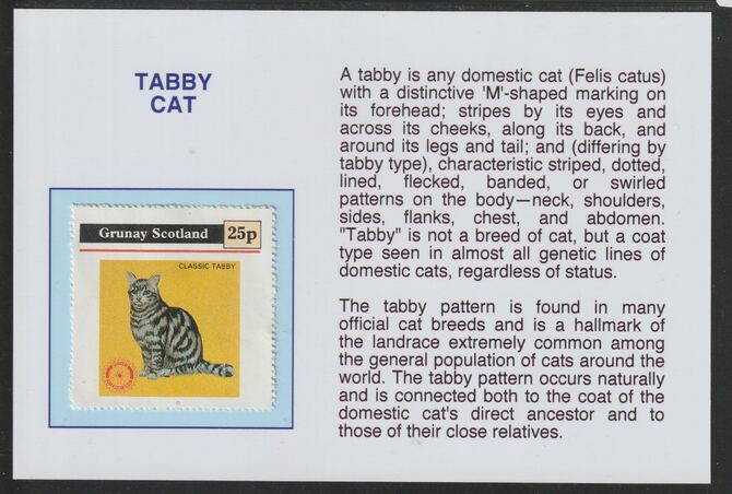 Grunay 1984 Rotary - Domestic Cats - Tabby 25p  mounted on glossy card with descriptive notes - privately produced 150mm x 100mm, stamps on rotary, stamps on cats