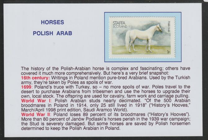 Staffa 1977 Horses - Polish Arab 1p  mounted on glossy card with descriptive notes - privately produced 150mm x 100mm, stamps on horses