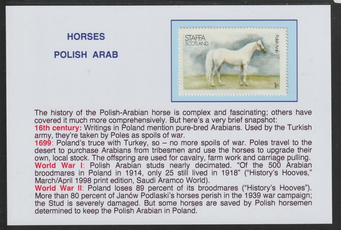 Staffa 1977 Horses - Polish Arab 1p  mounted on glossy card with descriptive notes - privately produced 150mm x 100mm, stamps on , stamps on  stamps on horses