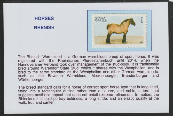 Staffa 1977 Horses - Rhenish 7p  mounted on glossy card with descriptive notes - privately produced 150mm x 100mm, stamps on , stamps on  stamps on horses