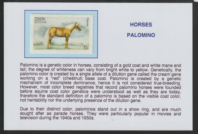 Staffa 1977 Horses - Palomino 10p  mounted on glossy card with descriptive notes - privately produced 150mm x 100mm, stamps on horses