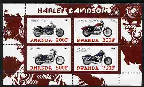 Rwanda 2010 Harley Davidson Motorcycles perf sheetlet containing 4 values unmounted mint, stamps on , stamps on  stamps on motorbikes