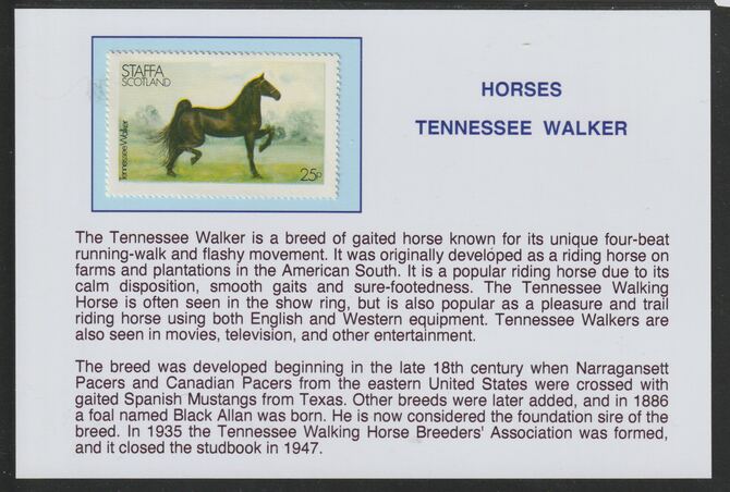 Staffa 1977 Horses - Tennessee Walker 25p  mounted on glossy card with descriptive notes - privately produced 150mm x 100mm, stamps on , stamps on  stamps on horses