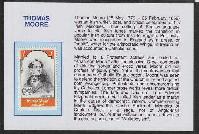 Bernera 1979 Int Year of the Child - Writers - Thomas Moore 3p  mounted on glossy card with historical notes - privately produced 150mm x 100mm, stamps on children, stamps on  iyc , stamps on literature, stamps on moore