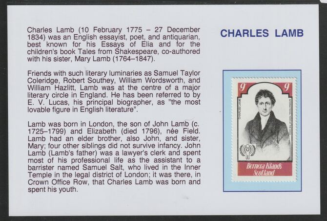Bernera 1979 Int Year of the Child - Writers - Charles Lamb 9p  mounted on glossy card with historical notes - privately produced 150mm x 100mm, stamps on children, stamps on  iyc , stamps on literature, stamps on lamb