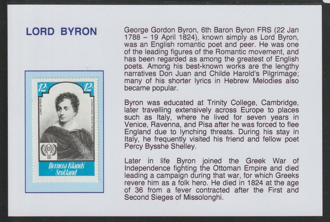 Bernera 1979 Int Year of the Child - Writers - Lord Byron 12p  mounted on glossy card with historical notes - privately produced 150mm x 100mm, stamps on children, stamps on  iyc , stamps on literature, stamps on byron