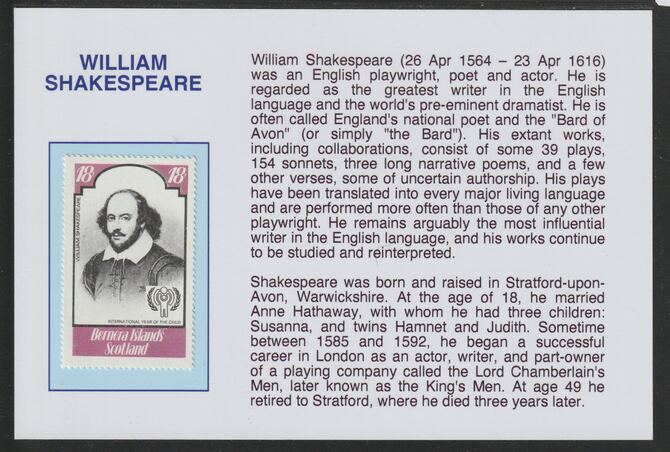 Bernera 1979 Int Year of the Child - Writers - William Shakespeare 18p  mounted on glossy card with historical notes - privately produced 150mm x 100mm, stamps on children, stamps on  iyc , stamps on literature, stamps on shakespeare