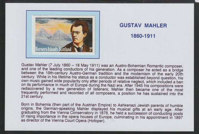 Bernera 1978 Composers - Mahler 2p  mounted on glossy card with historical notes - privately produced 150mm x 100mm, stamps on personalities, stamps on music, stamps on composers, stamps on mahler