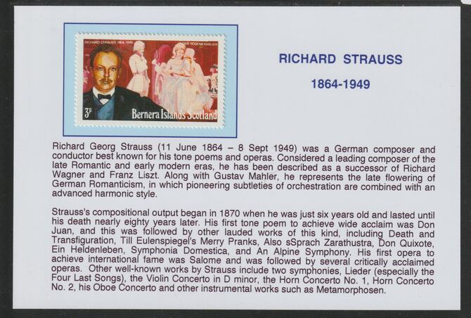 Bernera 1978 Composers - Richard Strauss 3p  mounted on glossy card with historical notes - privately produced 150mm x 100mm, stamps on , stamps on  stamps on personalities, stamps on  stamps on music, stamps on  stamps on composers, stamps on  stamps on strauss