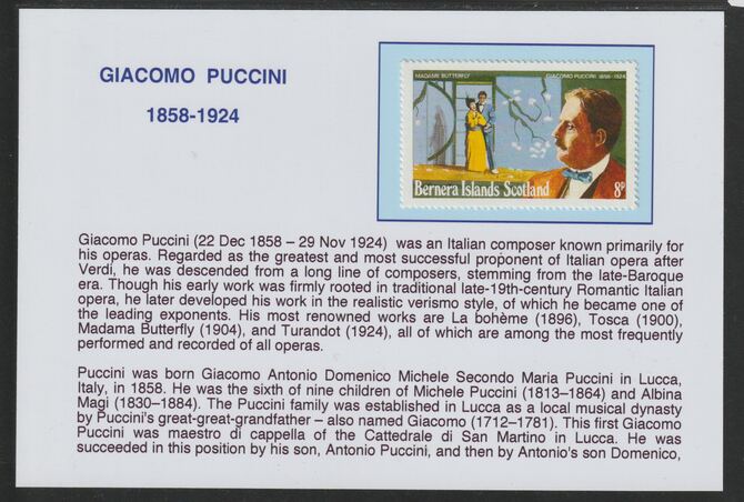 Bernera 1978 Composers - Puccini 8p  mounted on glossy card with historical notes - privately produced 150mm x 100mm, stamps on , stamps on  stamps on personalities, stamps on  stamps on music, stamps on  stamps on composers, stamps on  stamps on puccini