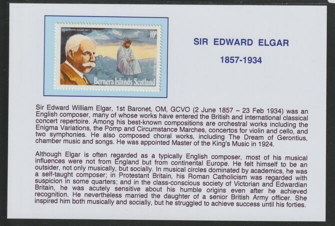 Bernera 1978 Composers - Elgar 10p  mounted on glossy card with historical notes - privately produced 150mm x 100mm, stamps on personalities, stamps on music, stamps on composers, stamps on elgar