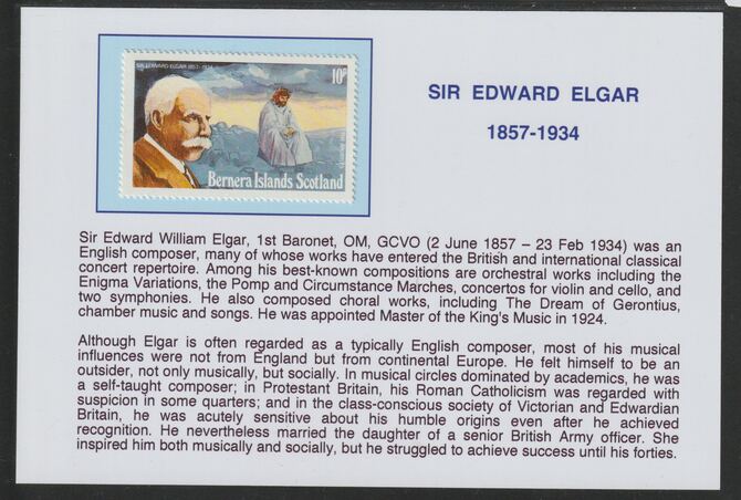 Bernera 1978 Composers - Elgar 10p  mounted on glossy card with historical notes - privately produced 150mm x 100mm, stamps on , stamps on  stamps on personalities, stamps on  stamps on music, stamps on  stamps on composers, stamps on  stamps on elgar