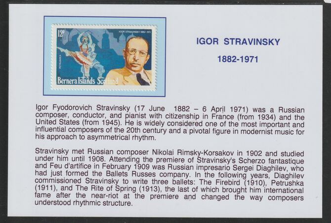 Bernera 1978 Composers - Stravinsky 12p  mounted on glossy card with historical notes - privately produced 150mm x 100mm, stamps on , stamps on  stamps on personalities, stamps on  stamps on music, stamps on  stamps on composers, stamps on  stamps on stravinsky