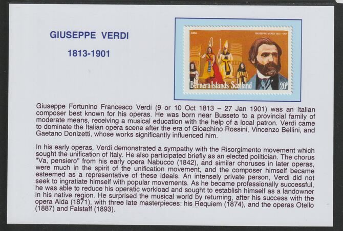 Bernera 1978 Composers - Verdi 20p  mounted on glossy card with historical notes - privately produced 150mm x 100mm, stamps on , stamps on  stamps on personalities, stamps on  stamps on music, stamps on  stamps on composers, stamps on  stamps on verdi