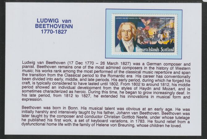 Bernera 1978 Composers - Beethoven 40p  mounted on glossy card with historical notes - privately produced 150mm x 100mm, stamps on , stamps on  stamps on personalities, stamps on  stamps on music, stamps on  stamps on composers, stamps on  stamps on verdi