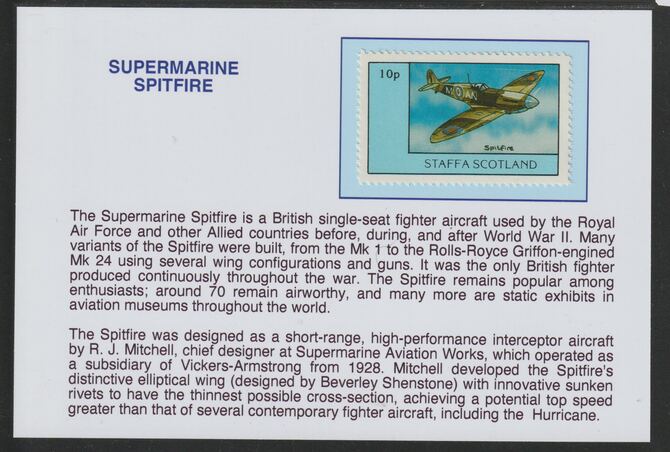 Staffa 1981 WW2 Aircraft - Spitfire 10p mounted on glossy card with historical notes - privately produced 150mm x 100mm, stamps on aviation, stamps on  ww2 , stamps on spitfire