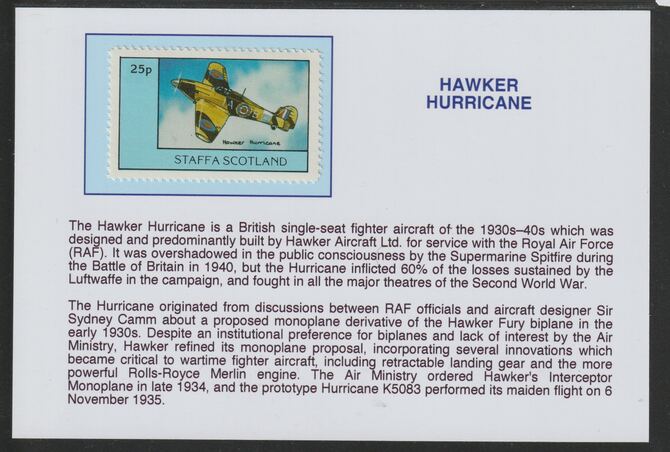 Staffa 1981 WW2 Aircraft - Hurricane 25p mounted on glossy card with historical notes - privately produced 150mm x 100mm, stamps on aviation, stamps on  ww2 , stamps on hurricane