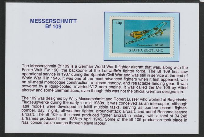 Staffa 1981 WW2 Aircraft - Messerschmitt 40p mounted on glossy card with historical notes - privately produced 150mm x 100mm, stamps on , stamps on  stamps on aviation, stamps on  stamps on  ww2 , stamps on  stamps on messerschmitt