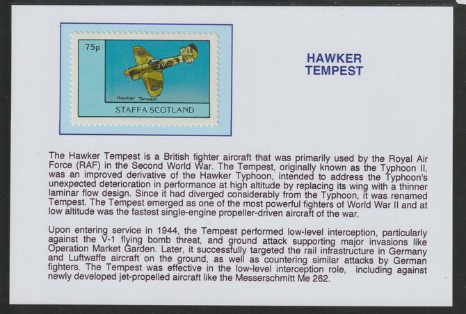 Staffa 1981 WW2 Aircraft - Tempest 75p mounted on glossy card with historical notes - privately produced 150mm x 100mm, stamps on , stamps on  stamps on aviation, stamps on  stamps on  ww2 , stamps on  stamps on tempest
