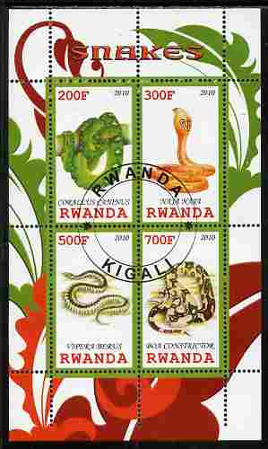 Rwanda 2010 Snakes perf sheetlet containing 4 values fine cto used, stamps on reptiles, stamps on snakes