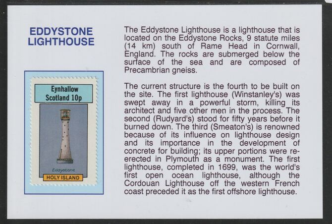 Eynhallow 1982 Lighthouses - Eddystone 10p mounted on glossy card with historical notes - privately produced 150mm x 100mm, stamps on lighthouses, stamps on safety