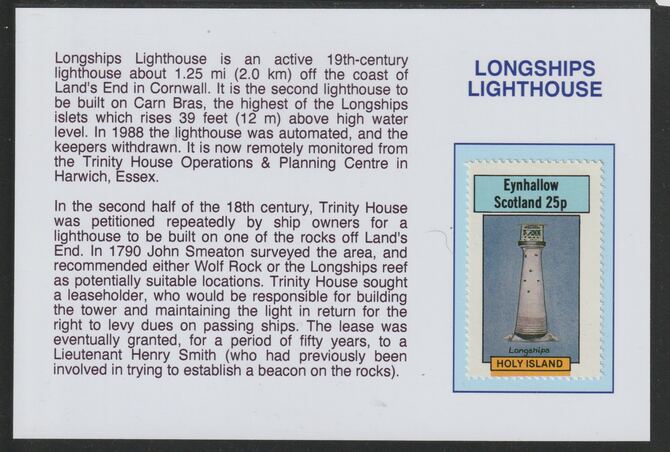 Eynhallow 1982 Lighthouses - Longships 25p mounted on glossy card with historical notes - privately produced 150mm x 100mm, stamps on lighthouses, stamps on safety