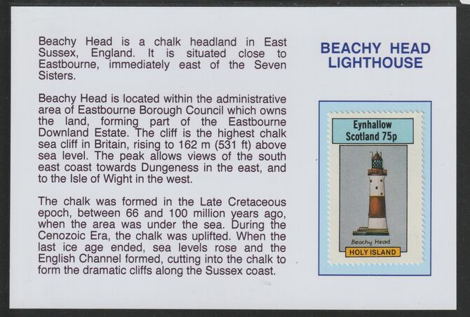 Eynhallow 1982 Lighthouses - Beachy Head 75p mounted on glossy card with historical notes - privately produced 150mm x 100mm, stamps on , stamps on  stamps on lighthouses, stamps on  stamps on safety