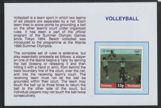 Grunay 1984 Los Angeles Olympic Games - Volleyball13p mounted on glossy card with historical notes - privately produced 150mm x 100mm, stamps on olympics, stamps on sport, stamps on volleyball