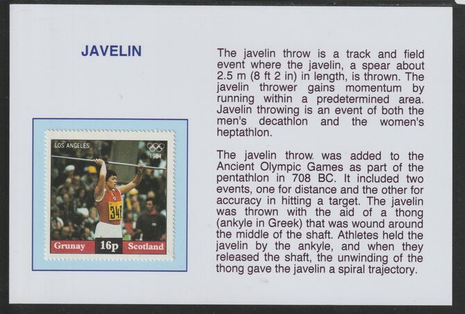 Grunay 1984 Los Angeles Olympic Games - Javelin 16p mounted on glossy card with historical notes - privately produced 150mm x 100mm, stamps on olympics, stamps on sport, stamps on javelin