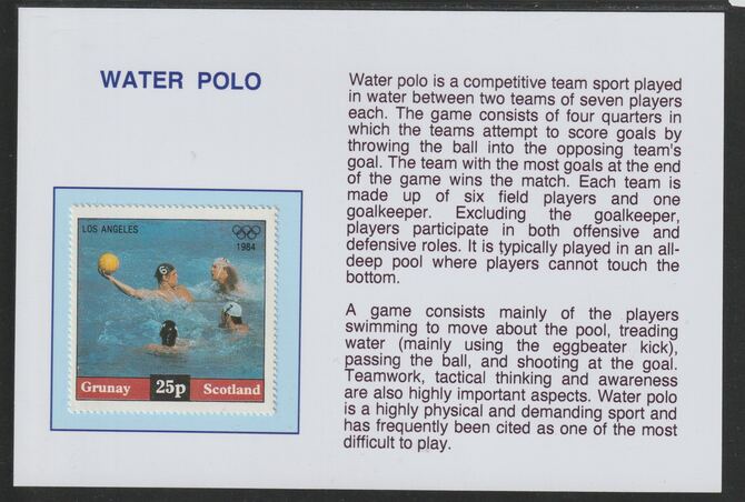 Grunay 1984 Los Angeles Olympic Games - Water Polo 25p mounted on glossy card with historical notes - privately produced 150mm x 100mm, stamps on , stamps on  stamps on olympics, stamps on  stamps on sport, stamps on  stamps on water polo