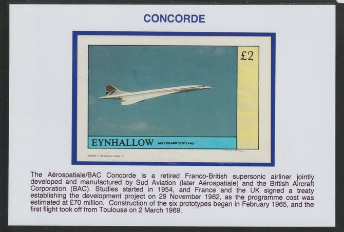 Eynhallow 1982 Concorde £2 deluxe sheet mounted on glossy card with historical notes - privately produced 150mm x 100mm, stamps on aviation, stamps on concorde