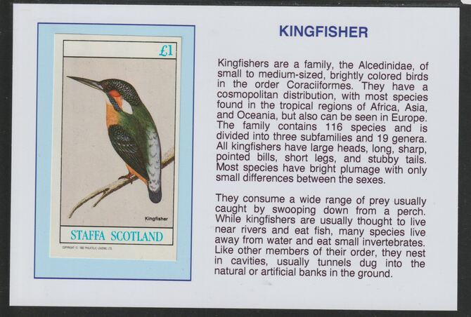 Staffa 1982 Kingfisher £1 souvenir sheet mounted on glossy card with historical notes - privately produced 150mm x 100mm, stamps on birds, stamps on kingfisher