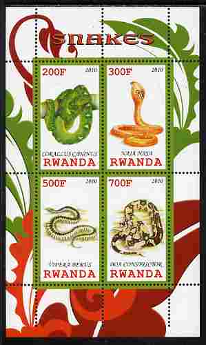 Rwanda 2010 Snakes perf sheetlet containing 4 values unmounted mint, stamps on , stamps on  stamps on reptiles, stamps on  stamps on snakes