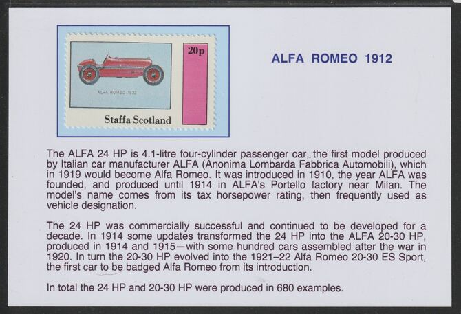 Staffa 1982 Early Racing Cars - 1912 Alfa Romeo 20p mounted on glossy card with historical notes - privately produced 150mm x 100mm, stamps on , stamps on  stamps on cars, stamps on  stamps on alfa romeo, stamps on  stamps on  f1 , stamps on  stamps on formula !, stamps on  stamps on 